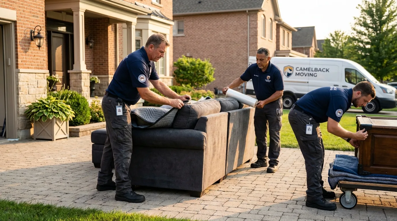 Large estate moving crew wrapping furniture in Linton, ND