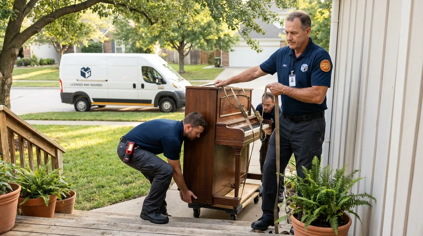 Licensed piano movers securing grand piano in Linton, ND