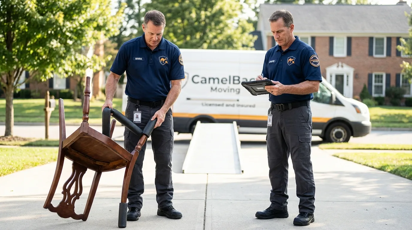 Movers inspecting furniture for damage prevention before loading in Linton, ND